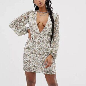 Sacred Hawk Size L Plunge Mini Dress Vintage Floral Sheer Sleeve NWT